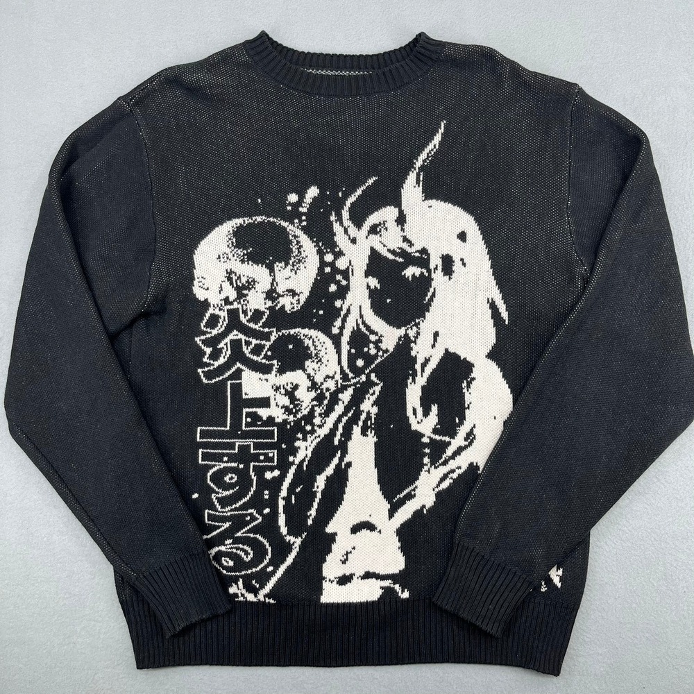 PacSun Mens Anime Graphic Knit‎ Crewneck Sweater Black White Small
